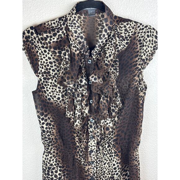 Isabella Rodriguez Leopard Sheer Sleeveless Ruffled Blouse Size Large - Picture 2 of 9